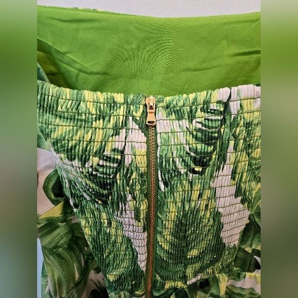 Taylor Green Leaf Pattern Maxi Dress Square Cotton Lined Smocked Back Size 10 L - Picture 7 of 9